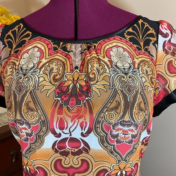 CATO Tropical Chiffon Dress Gold Red Browns Shortsleeved Lined Size 14 - Picture 3 of 16